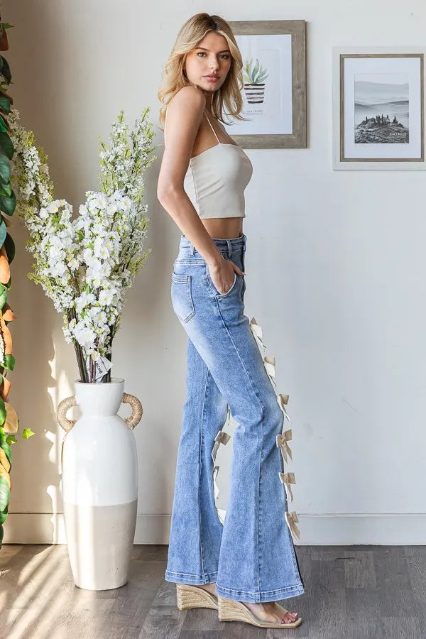 Cream Bow Flared Jeans