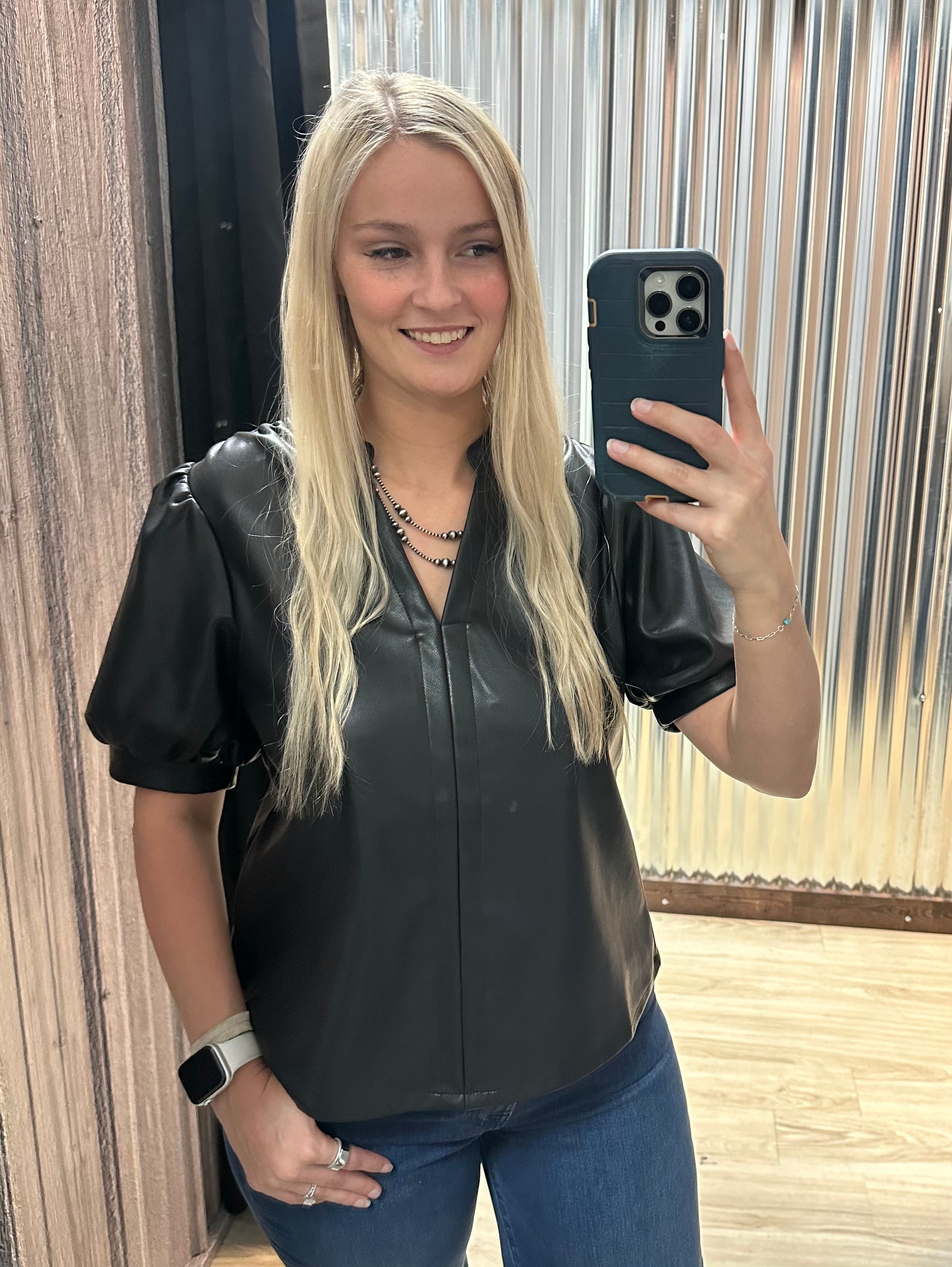 Leather Puff Sleeve Top