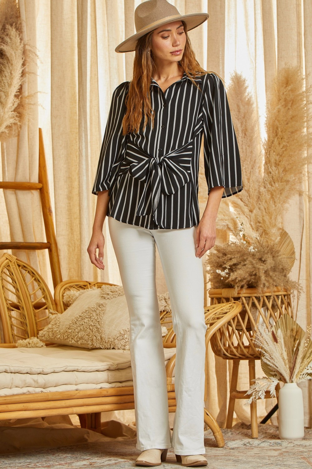 Striped Tie Bow Blouse