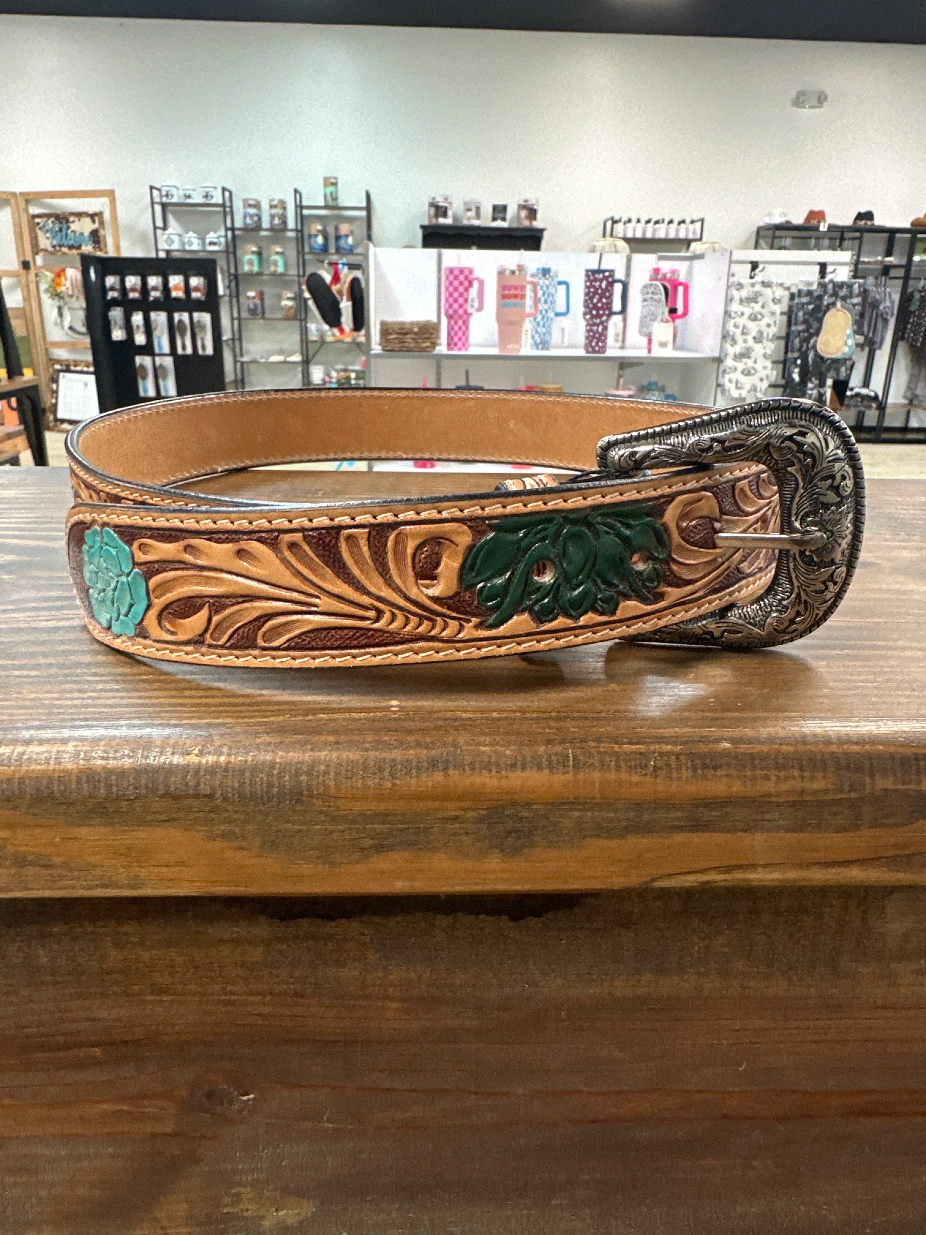 American Darling Belt - white/green/turq flowers