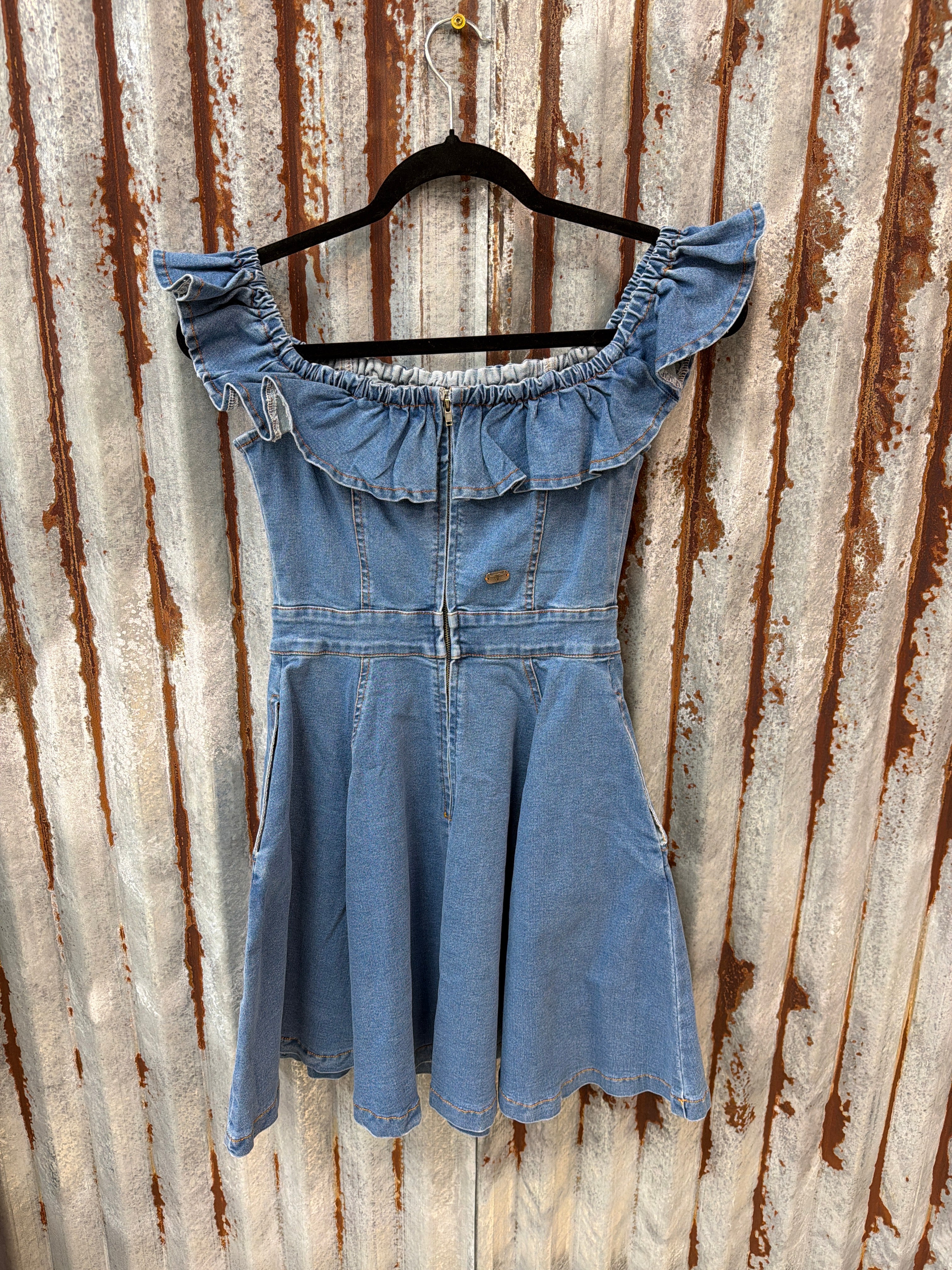 Ruffle Off Shoulder Denim Dress