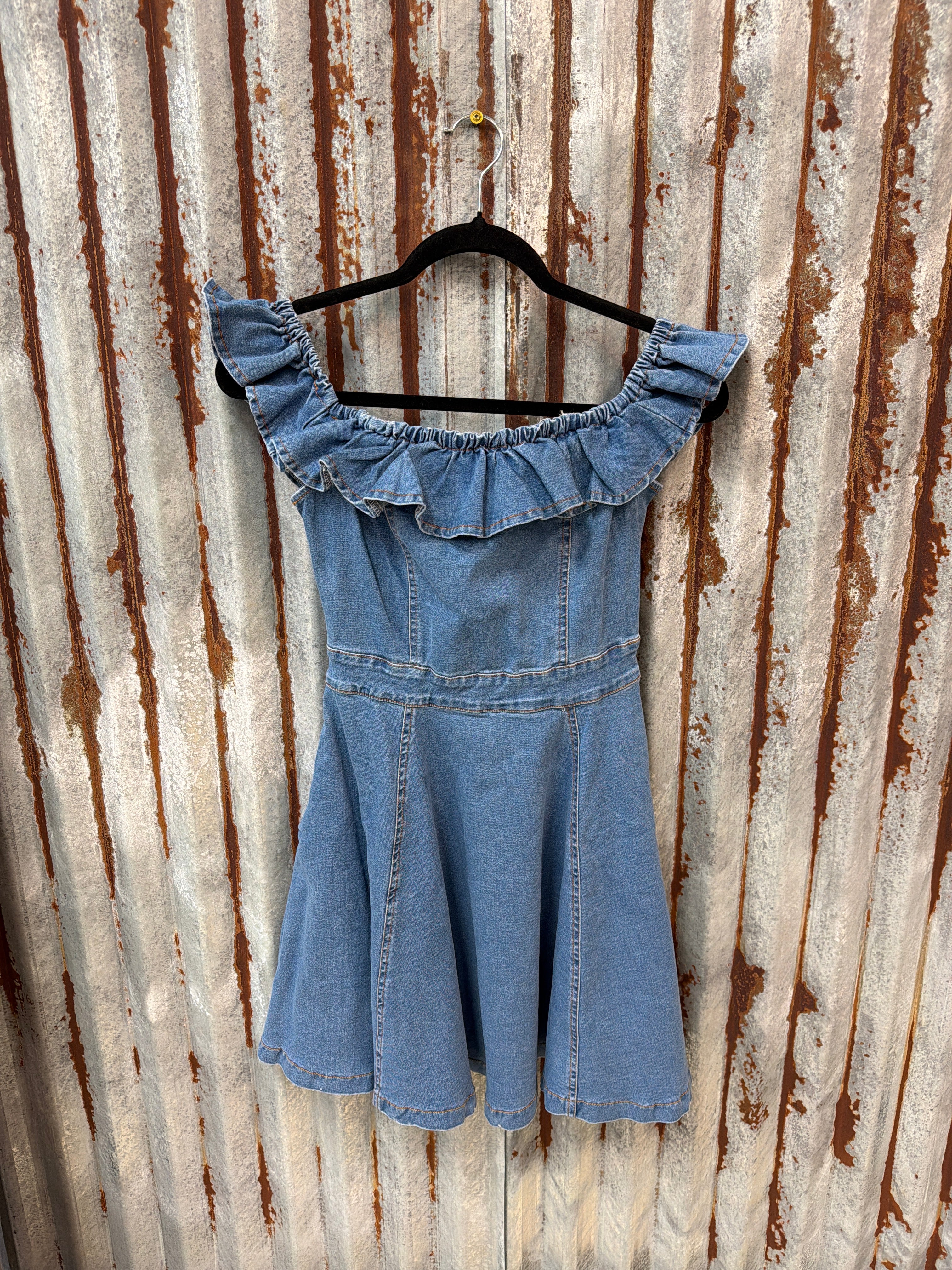 Ruffle Off Shoulder Denim Dress