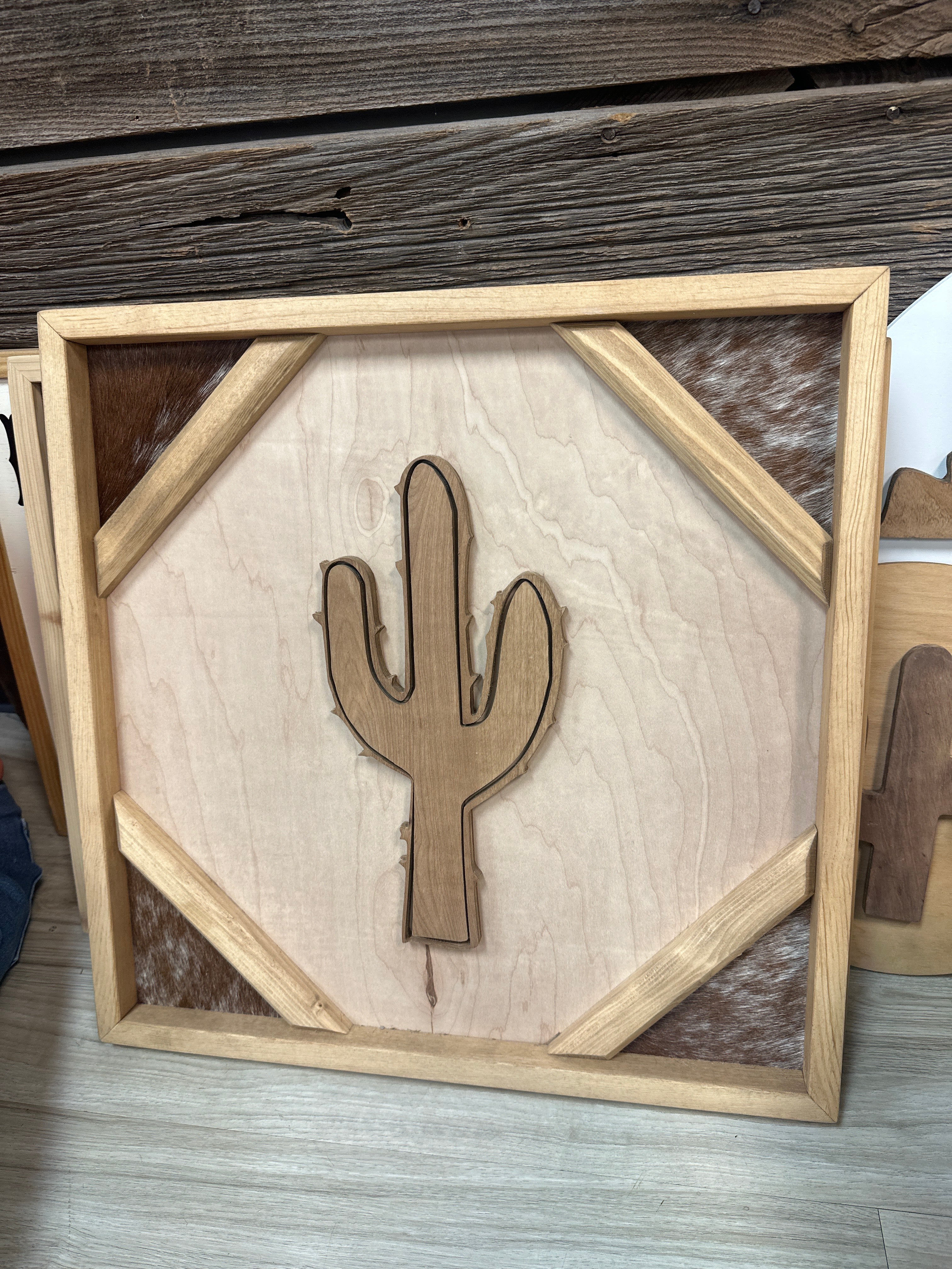 Sign: Framed hide & 3D cactusp