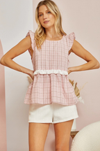 Blush Plaid Ruffle Sleeve Top