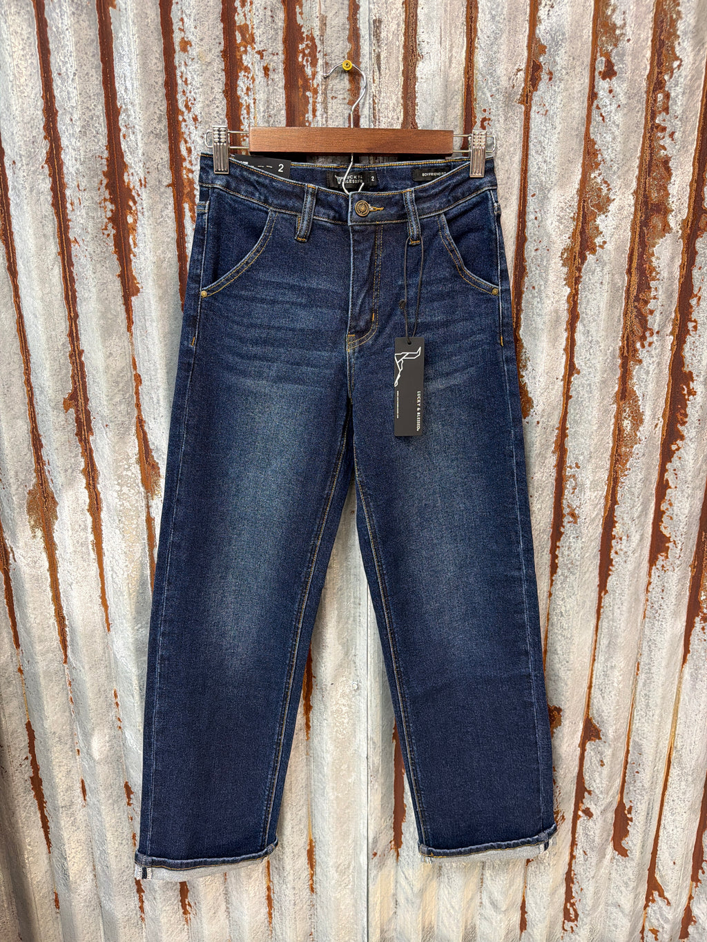 Dark Wash Straight Leg Rodeo Pocket Jeans 29” inseam folded