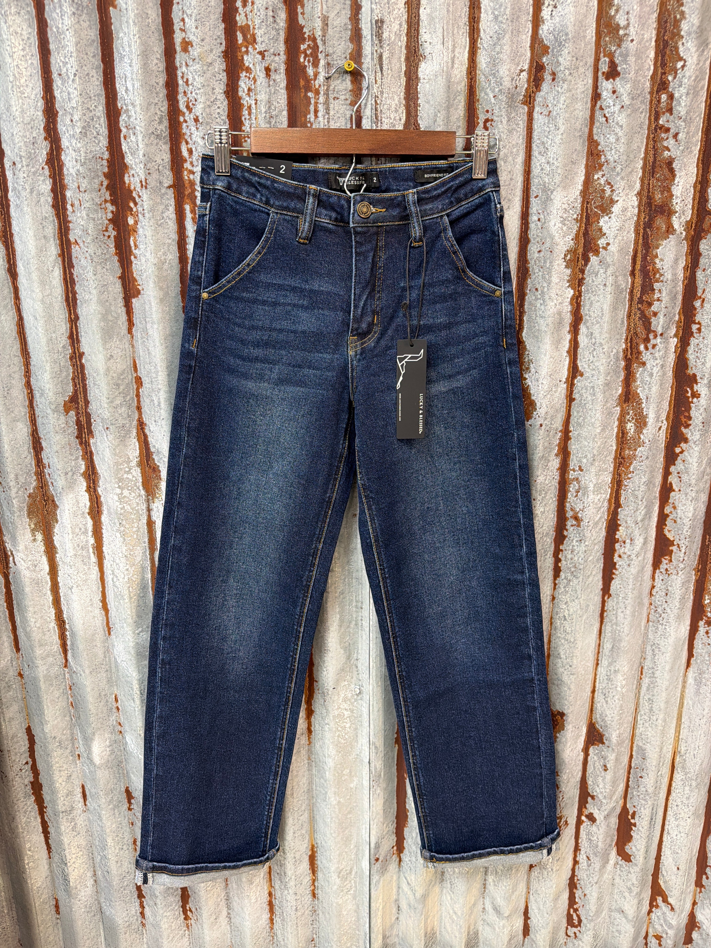 Dark Wash Straight Leg Rodeo Pocket Jeans 29” inseam folded