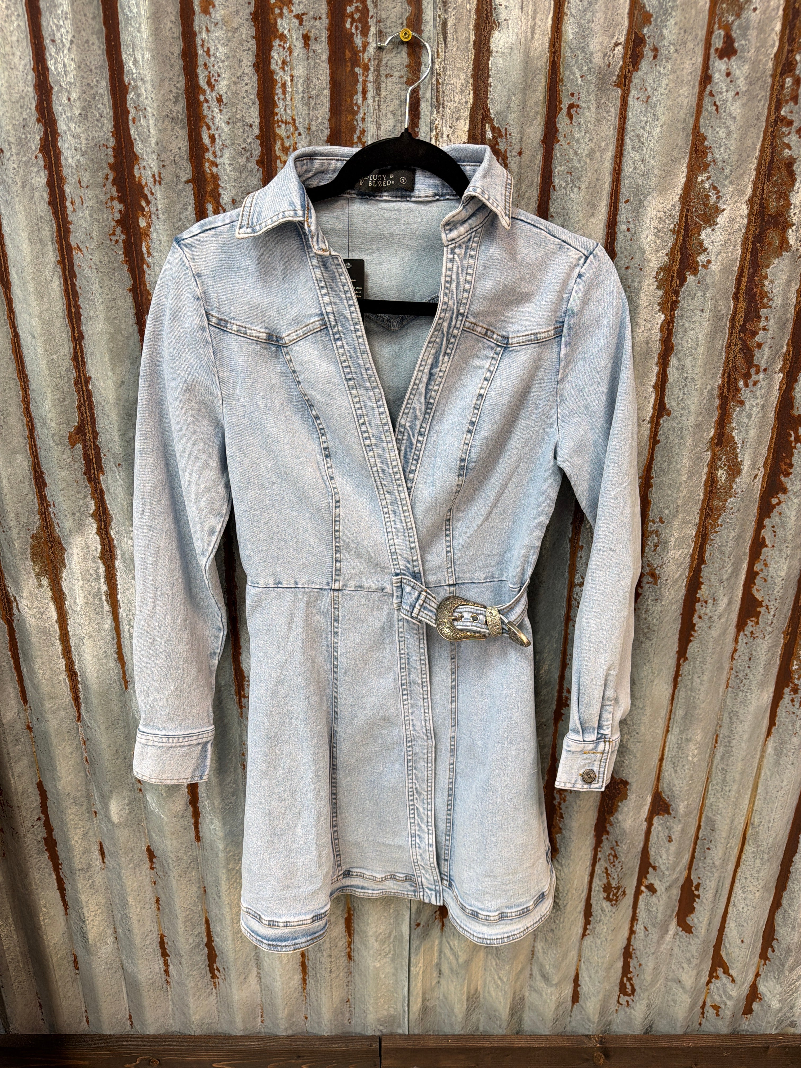 Stone Wash Buckle Waist Denim Dress