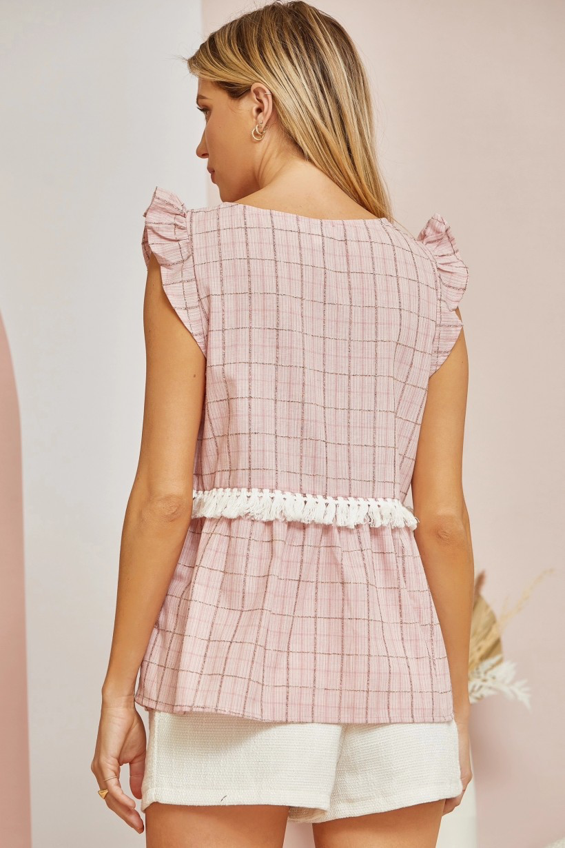 Blush Plaid Ruffle Sleeve Top