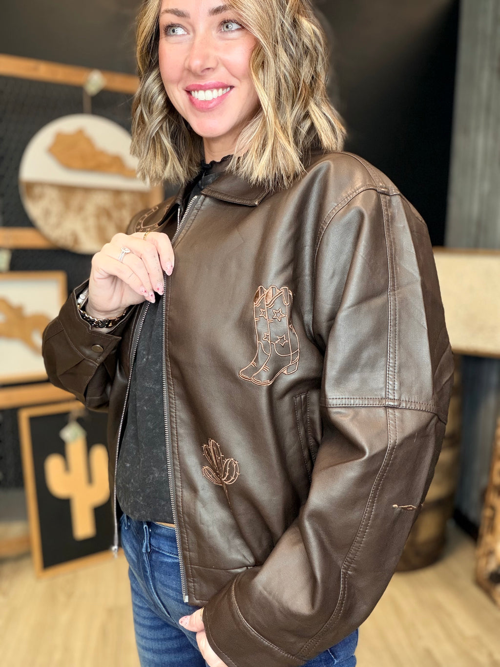 Embroidered Leather Bomber Jacket
