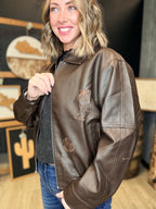 Embroidered Leather Bomber Jacket