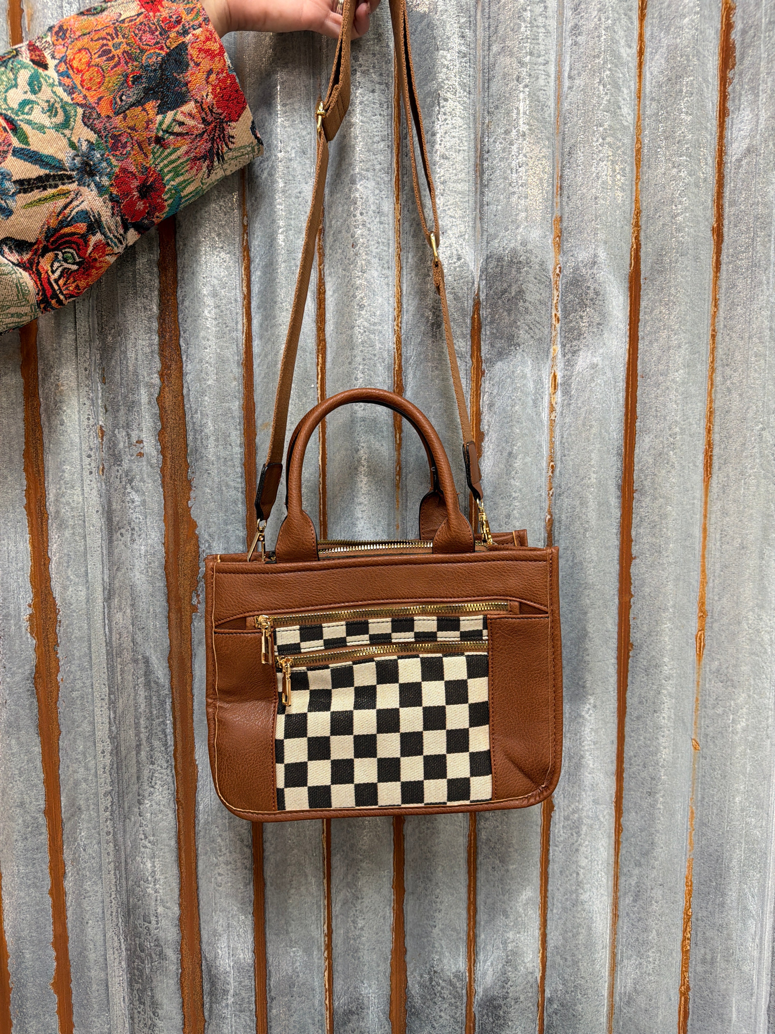 Checkered Tote Bag - Brown