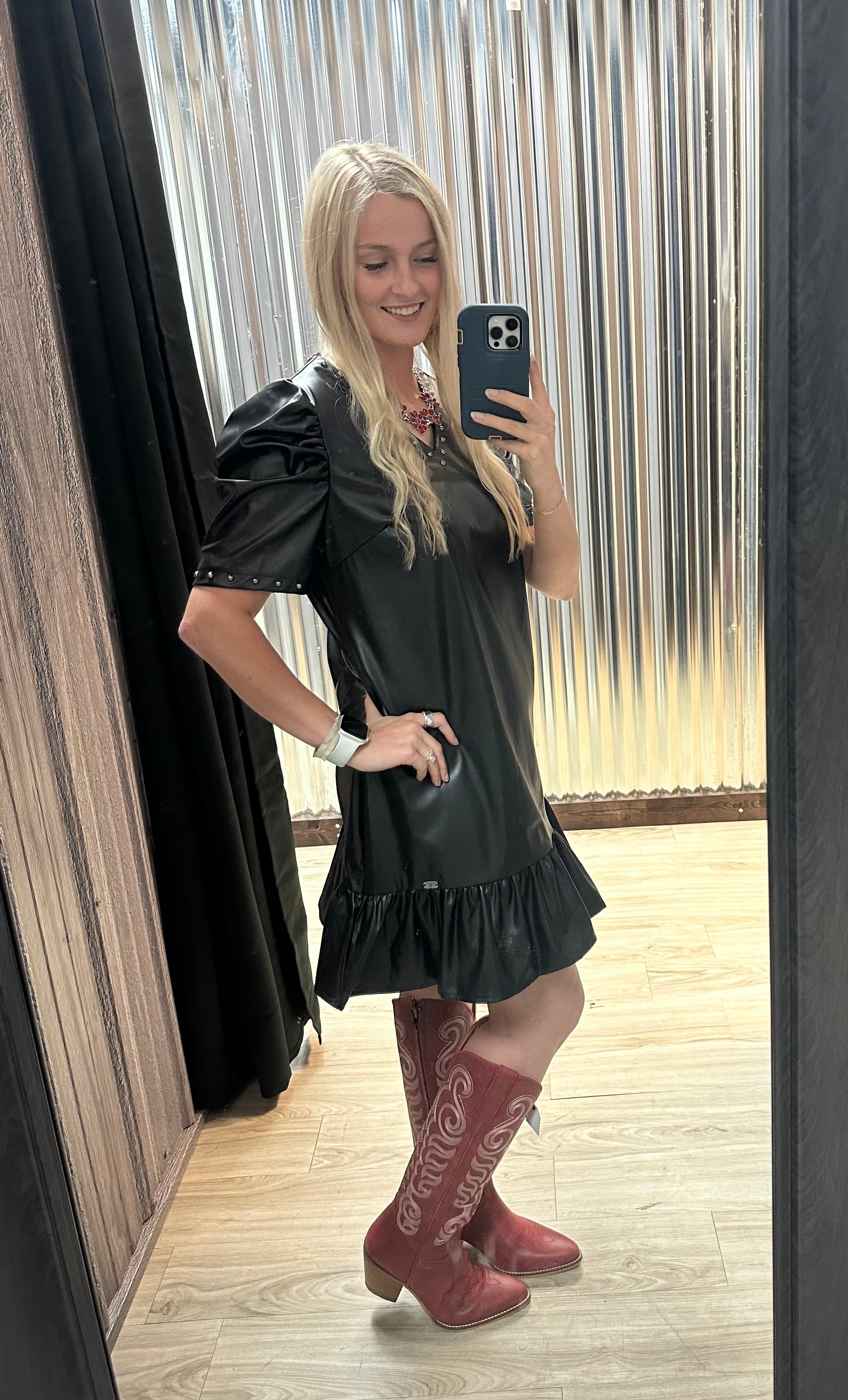 Blk Faux Leather Bubble Sleeve Dress
