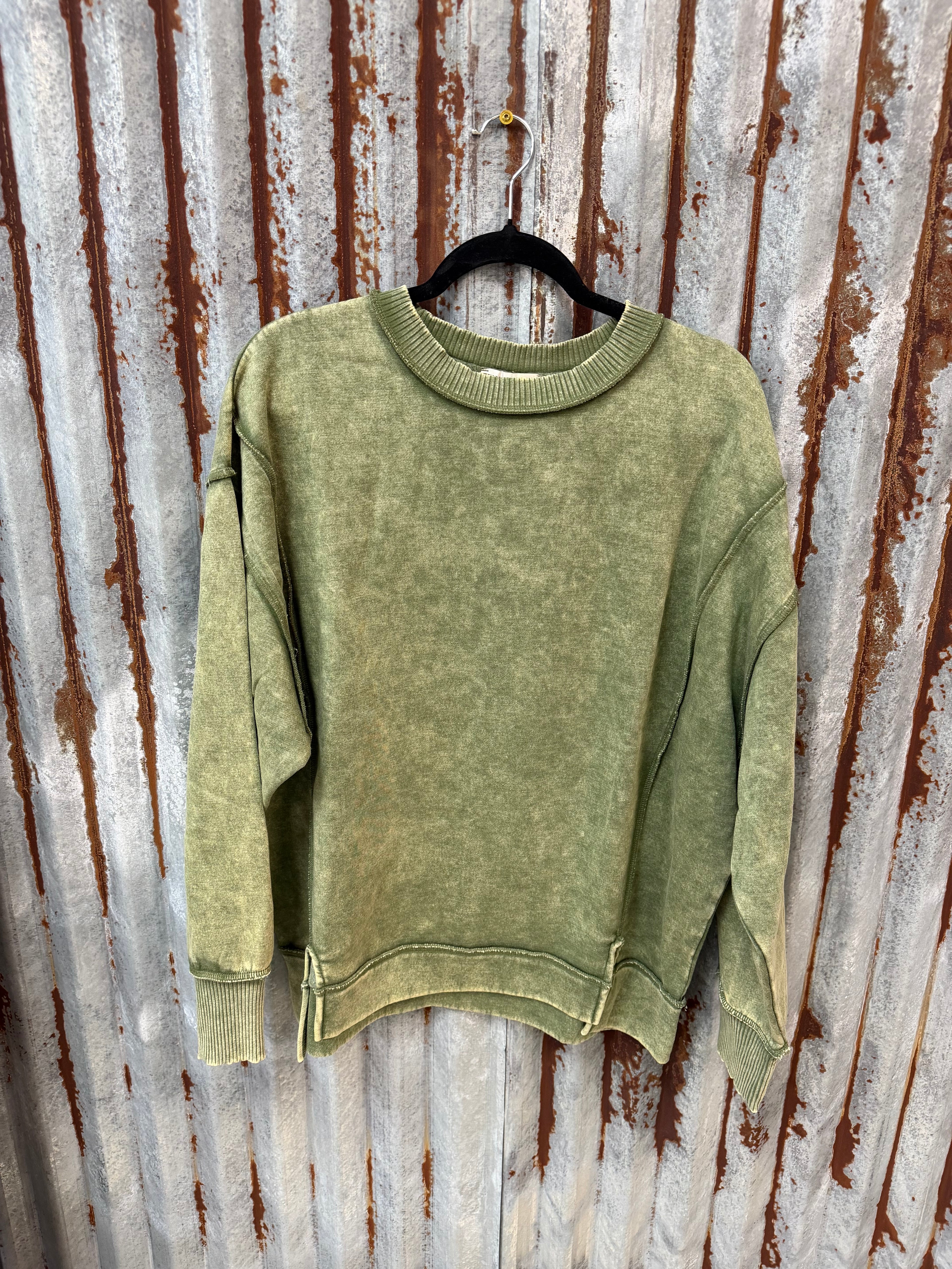 Acid Wash Split Seam Pullover - Lt Olive