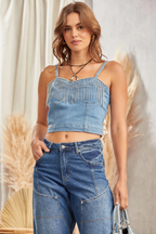 Denim Rhinestone Fringed Top