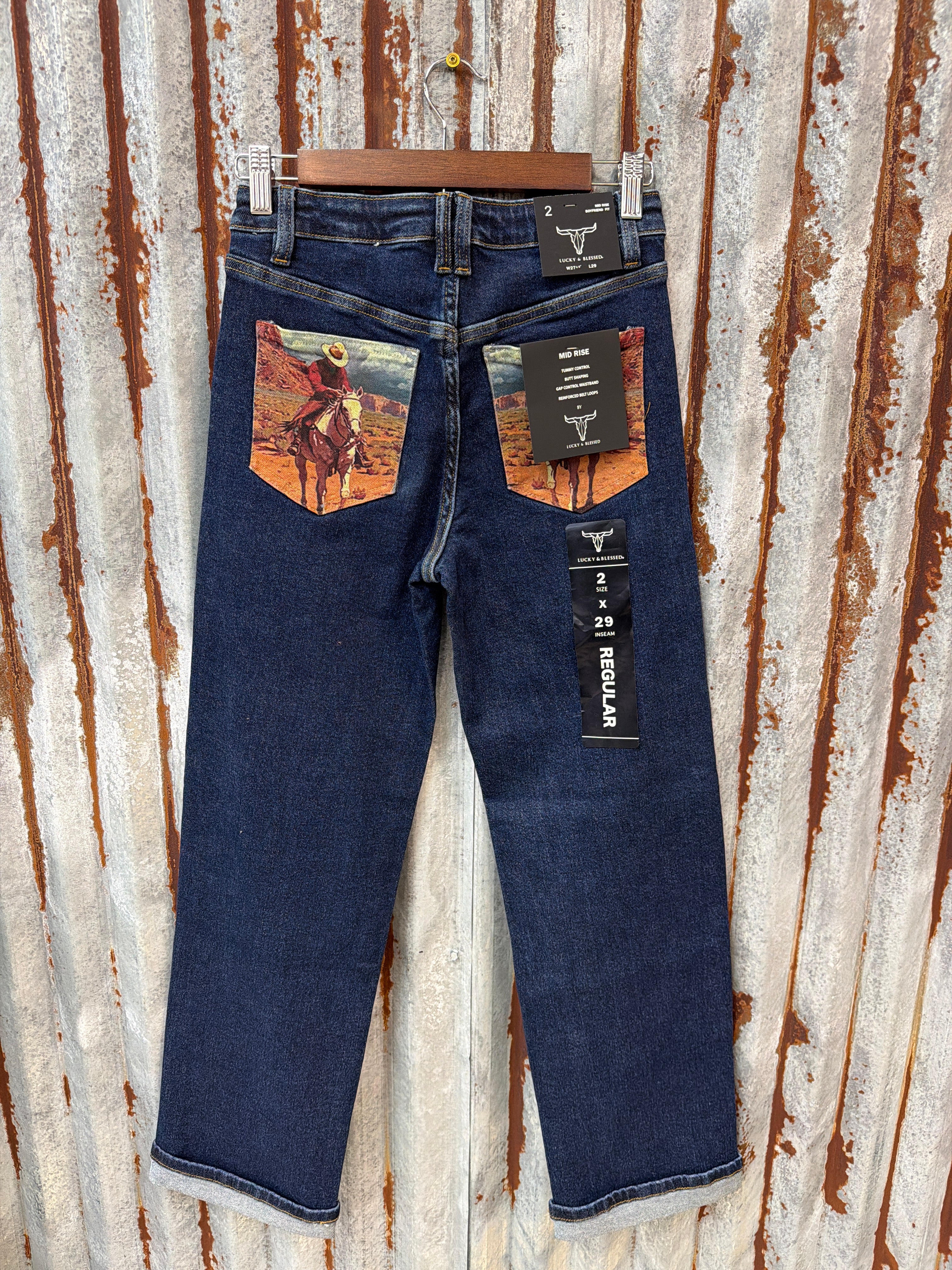 Dark Wash Straight Leg Rodeo Pocket Jeans 29” inseam folded