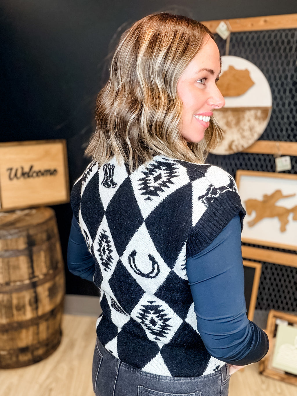 Checkered Western Sweater Top
