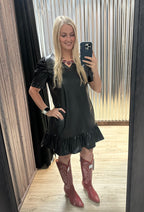 Blk Faux Leather Bubble Sleeve Dress