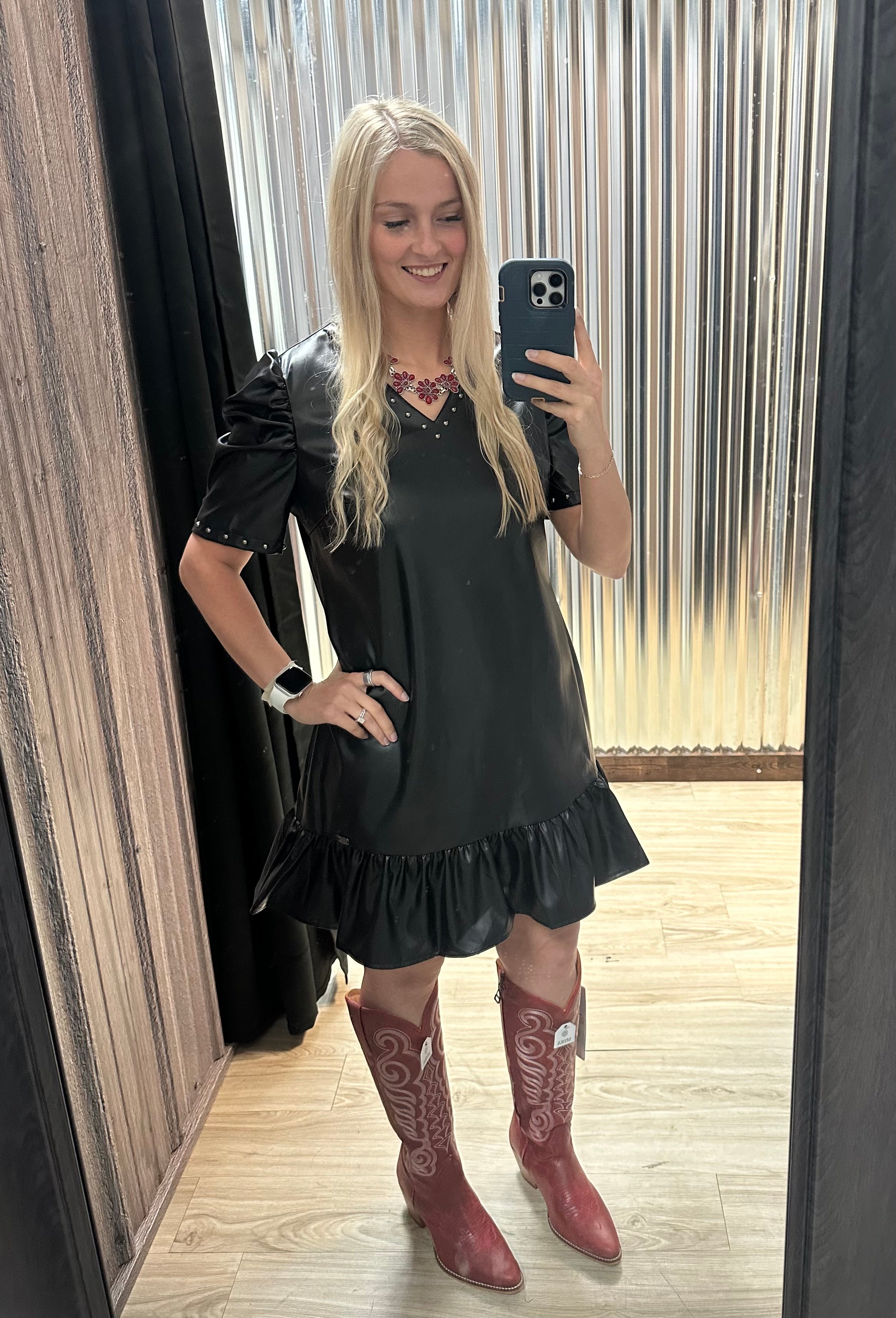 Blk Faux Leather Bubble Sleeve Dress