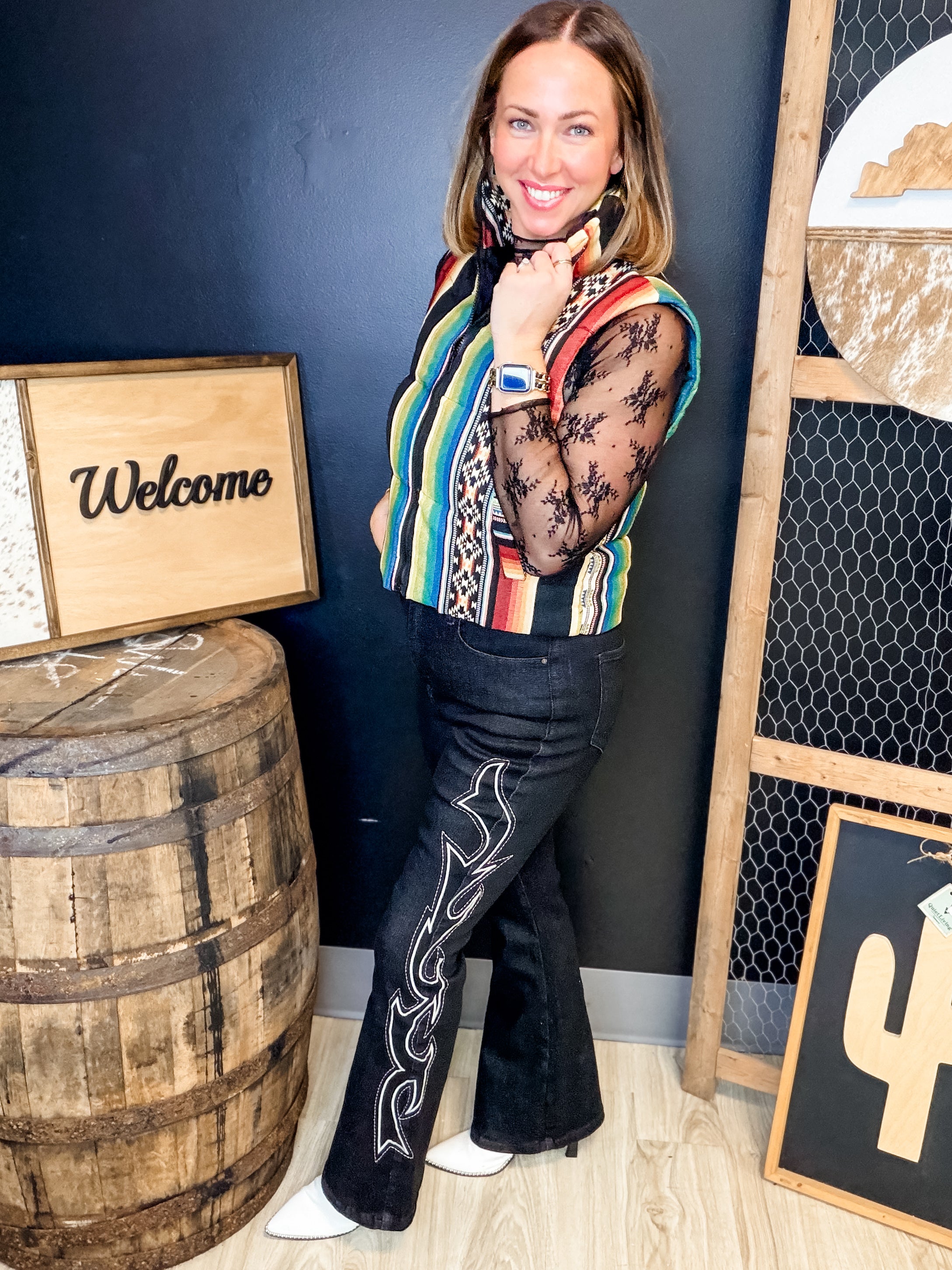 Black Boot Stitch Embroidered Jeans