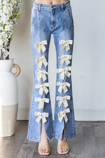 Cream Bow Flared Jeans