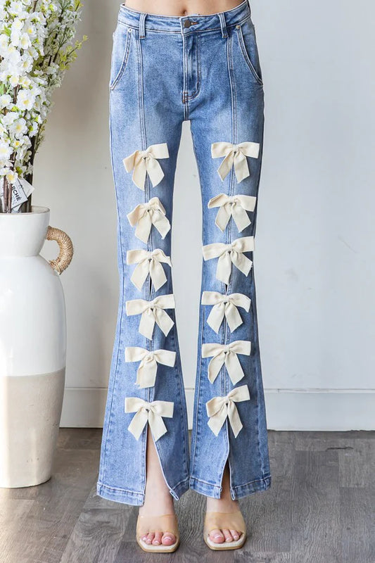 Cream Bow Flared Jeans