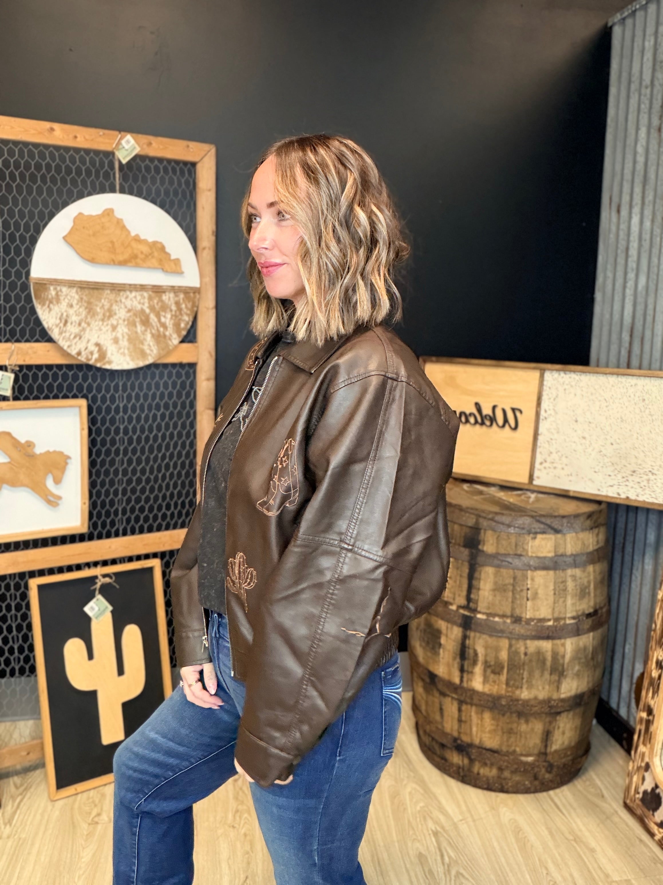 Embroidered Leather Bomber Jacket